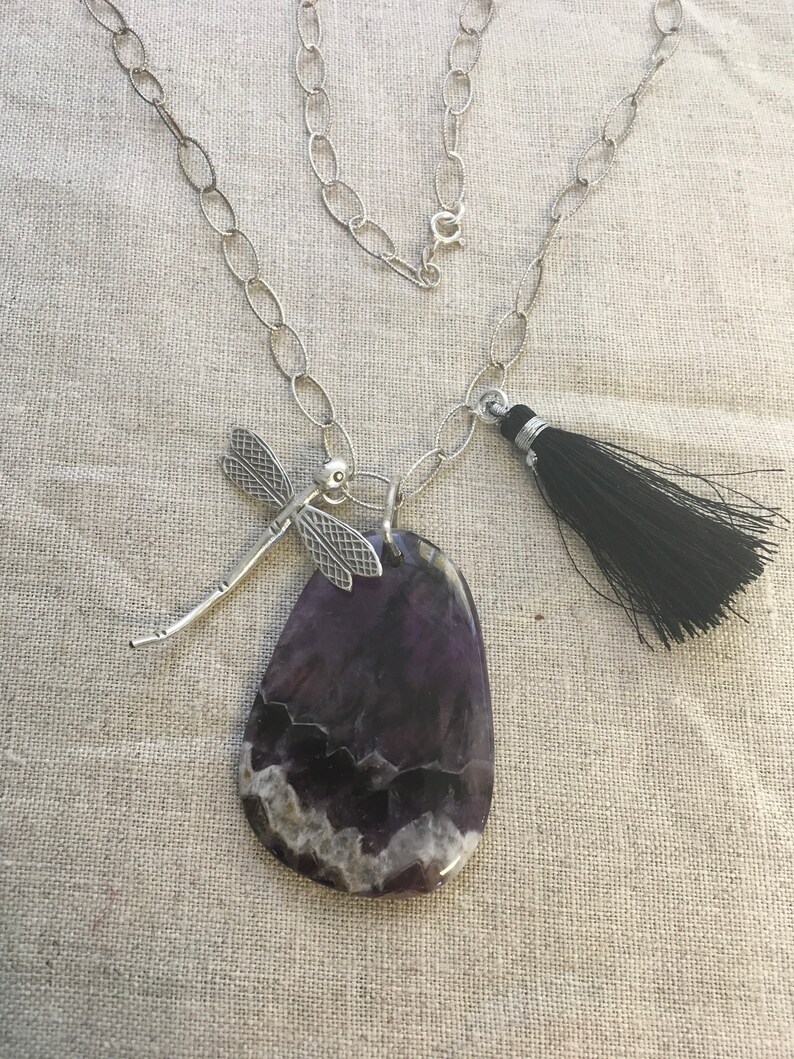 Black Tassel Sterling chain Reiki carged Hill Tribe Silver Damselfly pendant Transformative Healing Chevron Amethyst Gift idea