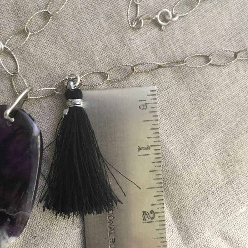 Black Tassel Sterling chain Reiki carged Hill Tribe Silver Damselfly pendant Transformative Healing Chevron Amethyst Gift idea