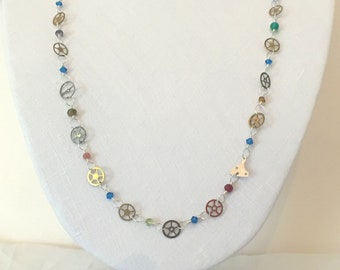 Handmade Necklace with Old Watch Cogs, Semi Precious Gems and Swarovski Crystals