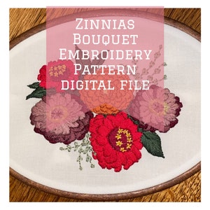 May include: Embroidered zinnia flower bouquet in a wooden embroidery hoop. The embroidery pattern is for a digital download. The text "Zinnia Bouquet Embroidery Pattern Digital File" is written in pink on a white background.