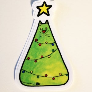 Christmas Cat Sticker, Decal, Cat, Pet, Vinyl Sticker, Laptop, Christmas Tree, Gift, Car Decal, Kitty, Christmas, Holiday, Lights, Santa