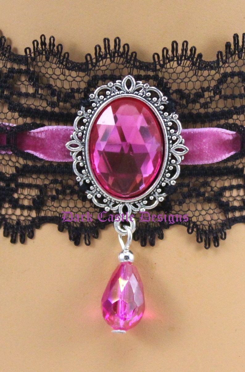 Classic Black Lace Velvet Choker Necklace Hot Pink Acrylic Jewel Beaded Pendant Gothic Victorian Steampunk Party