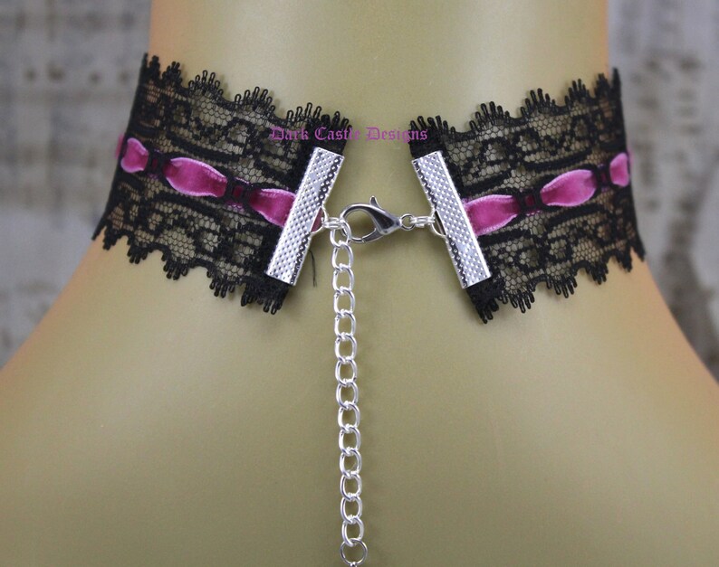 Classic Black Lace Velvet Choker Necklace Hot Pink Acrylic Jewel Beaded Pendant Gothic Victorian Steampunk Party