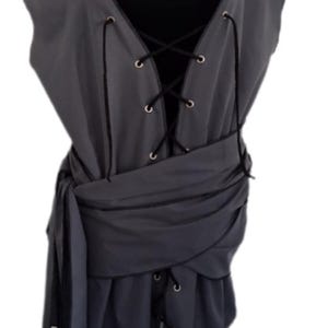 adult XXL 48&quot; chest and 32&quot; length gray with black surge trim light weight cotton/poly renaissance pirate costume vest with 160&quot; by 5.5&quot;sash