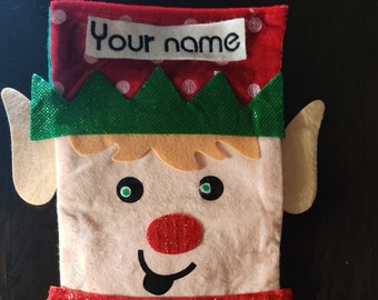 custom name monogrammed personalized embroidered elf gift Christmas stocking 17" by 7"