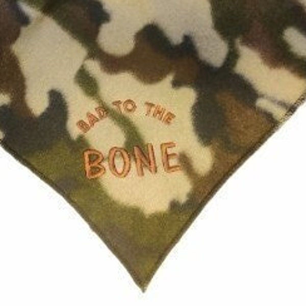 fleece camouflage tie back hunting dog bandanas with "Bad to the bone" "Beer Buddy" or Ducks & Bucks festive and fun Christmas dog gifts