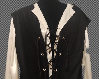 adult black faux suede X large 46"chest and 26.5" length renaissance pirate costume vest with eyelets and rope