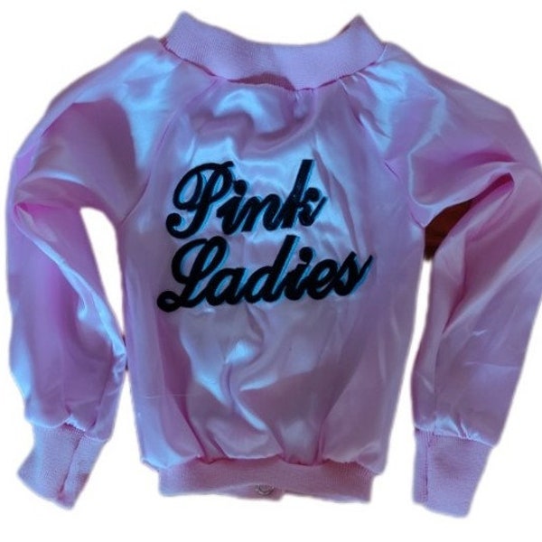 child x small to medium size satin embroidered 1950's theme party event Grease light pink ladies sock hop costume bomber jacket