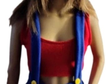 Costume da cosplay da donna ispirato a Super Mario Bros: top corto in pile, pantaloncini, cappello ricamato
