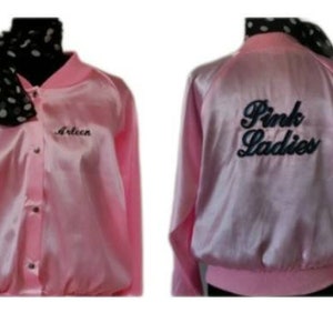 adult small to plus size custom name embroidered 1950's theme party event Grease light pink ladies sock hop costume bomber jacket