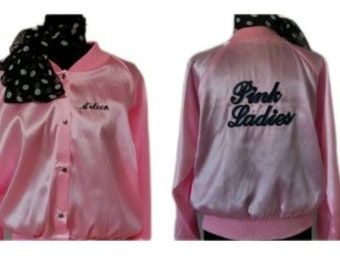 adult small to plus size custom name embroidered 1950's theme party event Grease light pink ladies sock hop costume bomber jacket