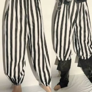 custom-made up to 2X plus size black and white striped SCA renaissance pirate costume pants or knickers with optional belt loops and pockets