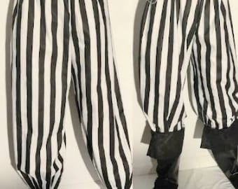 custom-made up to 2X plus size black and white striped SCA renaissance pirate costume pants or knickers with optional belt loops and pockets