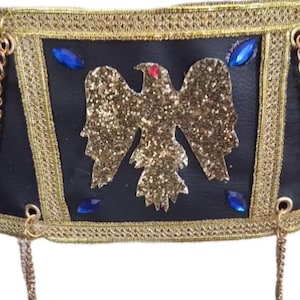 Elvis Impersonator Costume Belt: Black Faux Leather with Gold Chains, Adjustable 32-40&quot;