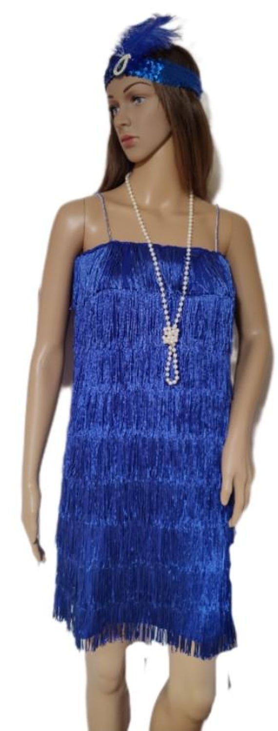 Plus Size Blue Flapper Dress: 1920s Costume, High Stretch Fabric with Head Piece and Beads