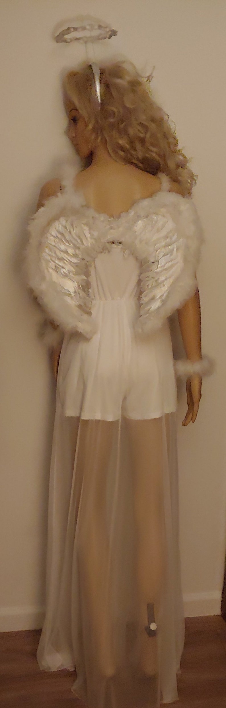 ladies women/'s large white faux fur chiffon Christmas Santa Con angel costume costumes dress