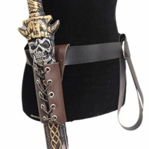 Black &  Brown Faux Leather Loop Style Pirate Belt- Adjustable 24&quot;- 48&quot; Waist- Eyelet Sword Sheath