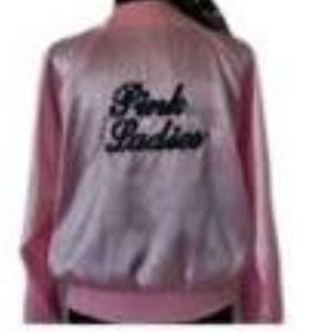 adult small to plus size 1950&#39;s theme party event Grease light pink ladies sock hop costume bomber jacket with embroidered name