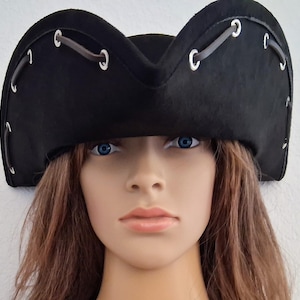 sturdy faux suede black renaissance pirate tricorner hat- 23&quot; diameter- 12 eyelets and brown leather