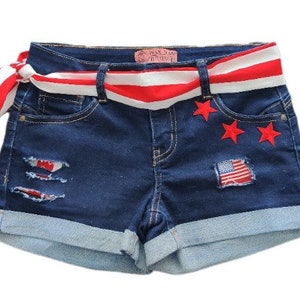 adult women's stretch size 5 red, white and blue Fourth of July patriotic distressed dark denim jeans shorts with 44" tie and sewn flip hem