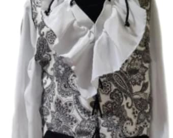 Chaleco y camisa pirata con estampado paisley - Blanco y negro, pecho mediano de 96 cm - Forro de poliéster
