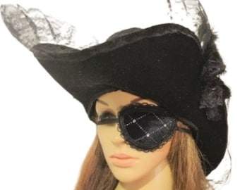 adult women's black velvet and lace renaissance pirate hat with patch. Fits up to 23" circumference.