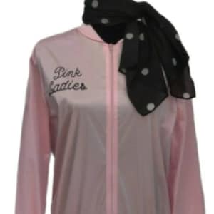 Screen printed 1950&#39;s theme party event Grease pink ladies jacket with scarf-persnalized-embroidered name