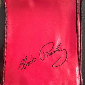 one custom name or Elvis Presley signature royal blue or red satin embroidered  58&quot; by 5&quot;- 6&quot; Impersonator scarf with black surged edges