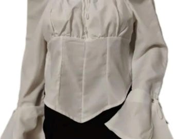 White Cotton Pirate Blouse: Women's Cropped Pleated Shirt-Small