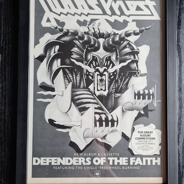 JUDAS PRIEST Defensor de la fe 1984 Hermoso anuncio de álbum de música original enmarcado en A4 gran cartel 4 hombre cueva