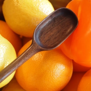 May include: A wooden spoon with a dark brown finish, resting on top of a bowl of oranges and lemons. The bowl is filled with citrus fruits, including a bright orange, a yellow lemon, and a red orange.