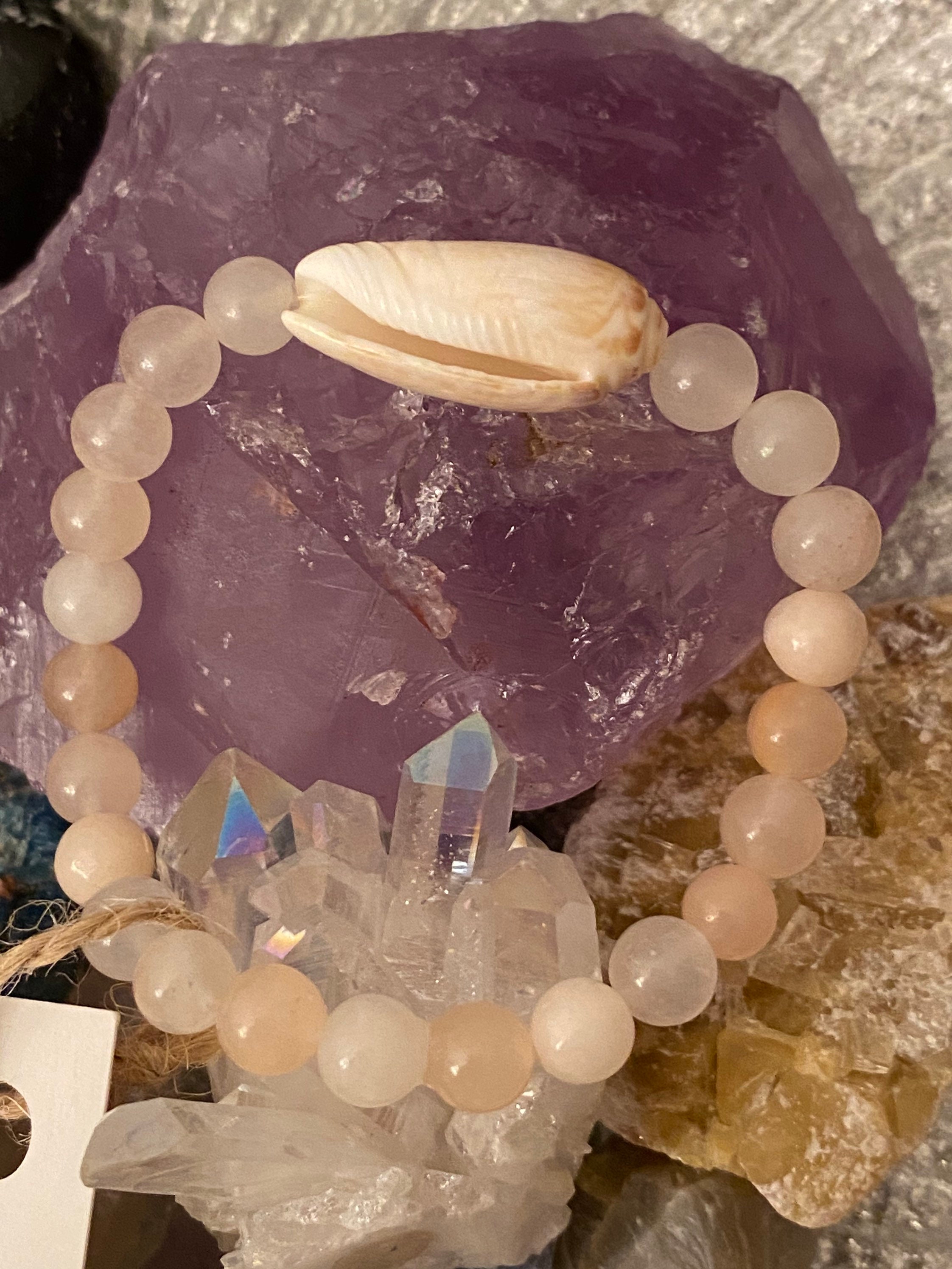 Pink opal crystal beaded bracelet with lettered olive seashell jewelry