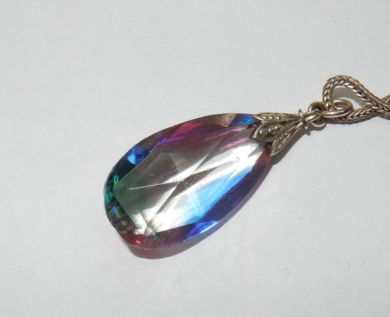Vintage necklace pendant Iris glass silver chain - image 3