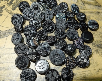 Vintage glass old stock black buttons 45 pcs victorian rare jet buttons