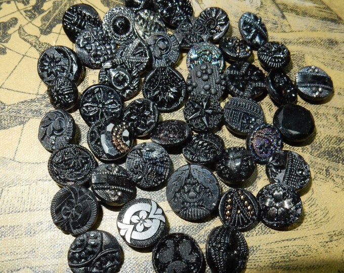 Antique Glass Old Stock Black Buttons 45 Pcs Victorian Rare Jet Buttons ...