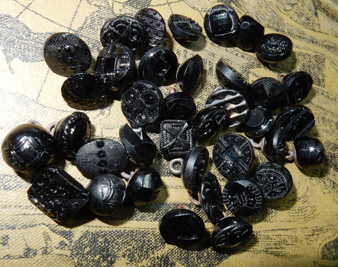 Vintage Glass Old Stock Black Buttons 37 Pcs Victorian Rare Jet Buttons ...