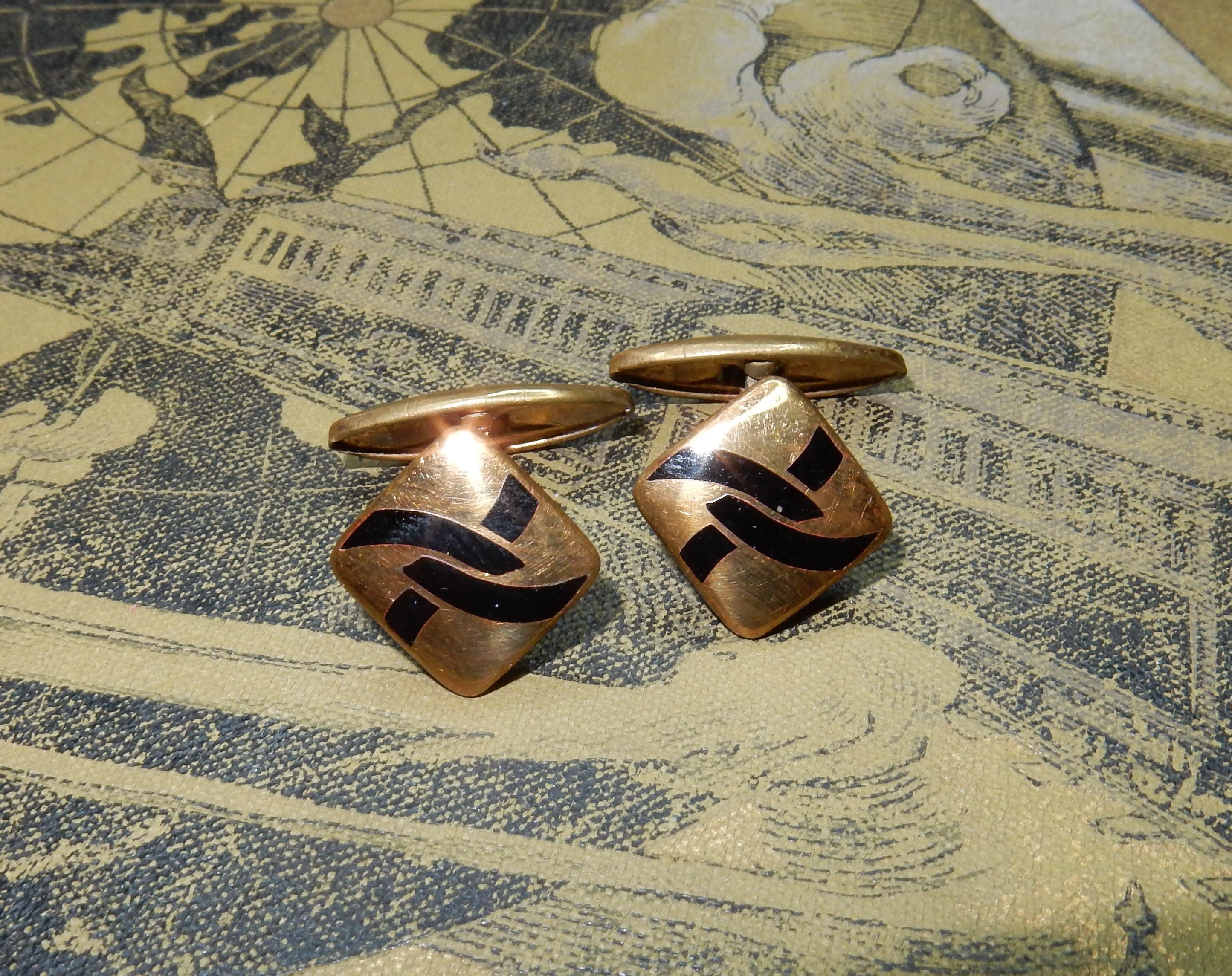 Vintage enamel cufflink brass art deco Black