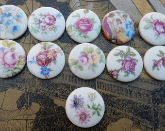 Vintage cameo porcelain cabochon floral flower rose 11 pcs