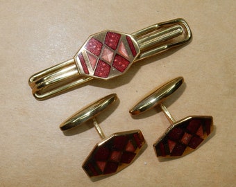 Vintage enamel cufflinks tie clip gilded brass art deco