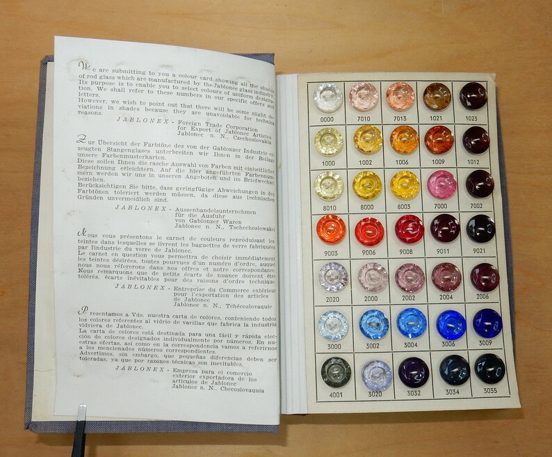 Vintage stalenboek JABLONEX kleurenglasknoppen jaren 50 afbeelding 3