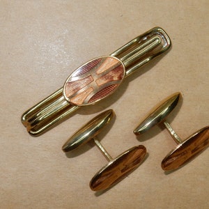 Vintage enamel cufflinks tie clip gilded brass art deco