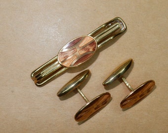 Vintage enamel cufflinks tie clip gilded brass art deco