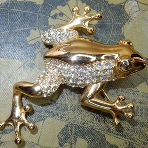 Vintage broche jaren 80 Kikker gegoten glazen strass steentjes