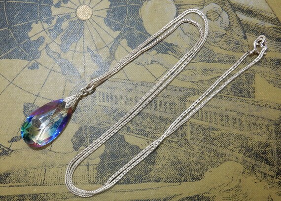 Vintage necklace pendant Iris glass silver chain - image 1