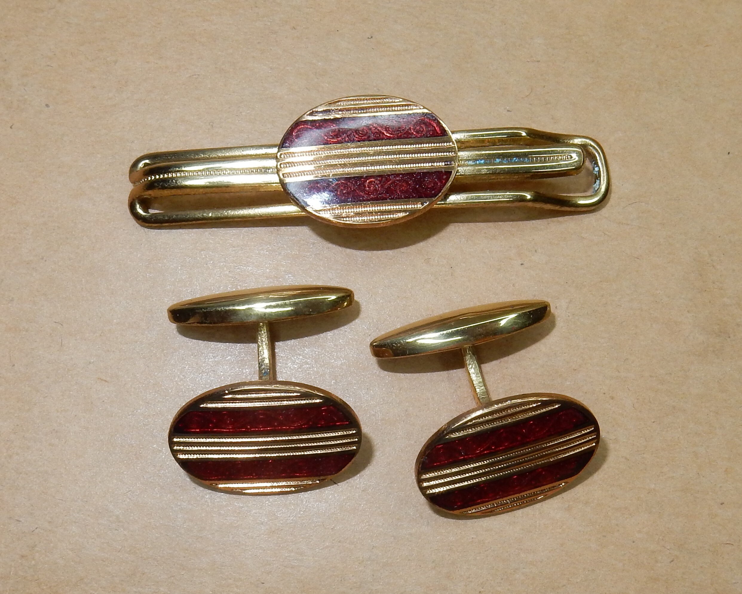 Vintage enamel cufflinks tie clip gilded brass art deco