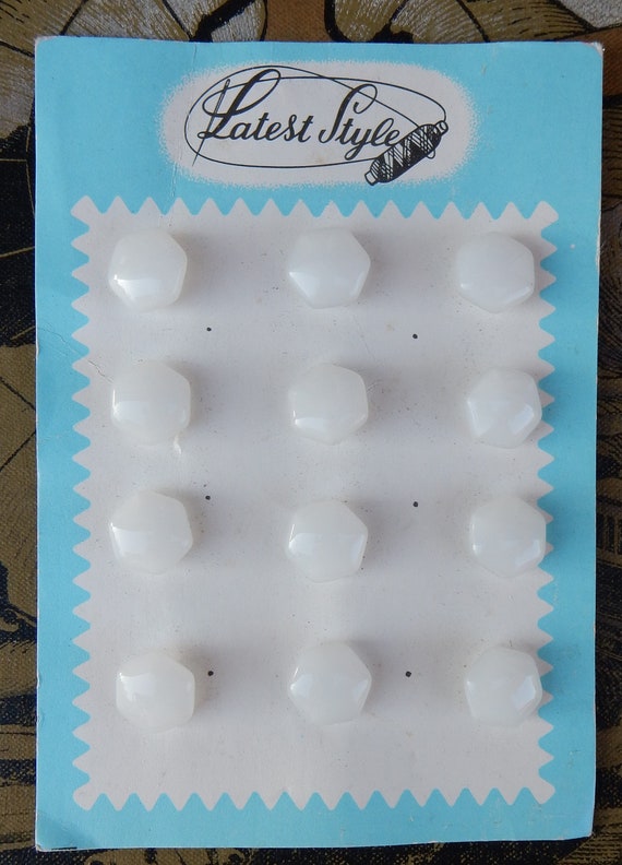 Vintage glass old stock white buttons on card 12pcs