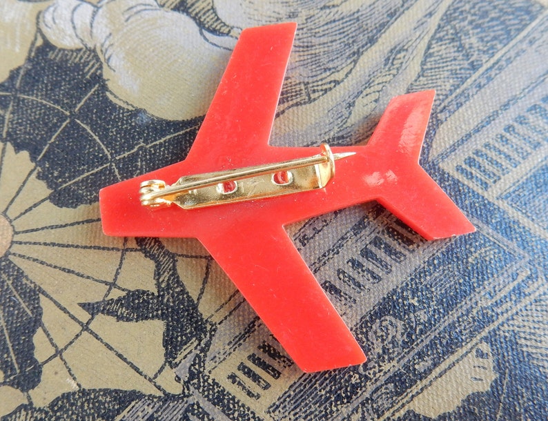 Vintage brooch plastic 1950s 1960s red airplane image 3