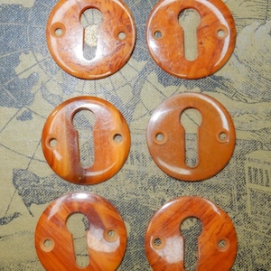 Op de afbeelding: Zes ronde, bruin-witte sleutelgatenrozetten met een houtnerfpatroon.