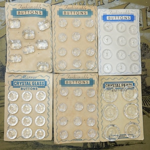 Vintage glass old stock transparent glass buttons on card LOT