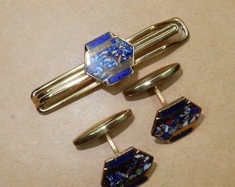 Vintage enamel cufflinks tie clip gilded brass art deco